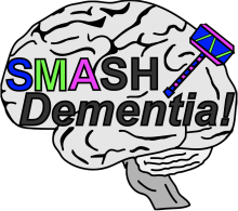 A drawing of a brain with SMASH Dementia! next to a colorful hammer over the drawn brain.